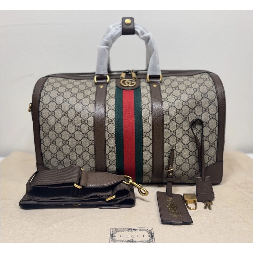Gucci Beige and Brown Duffel Bag with Red and Green Stripe